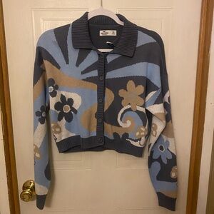 Hollister Blue Tan White Floral/Mushroom Collared Cropped Cardigan